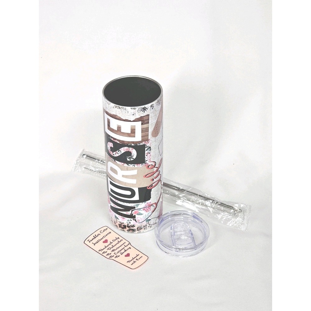 New Nurse Life Pink Stainless Steel Skinny 20oz Tumbler Lid & Plastic Straw